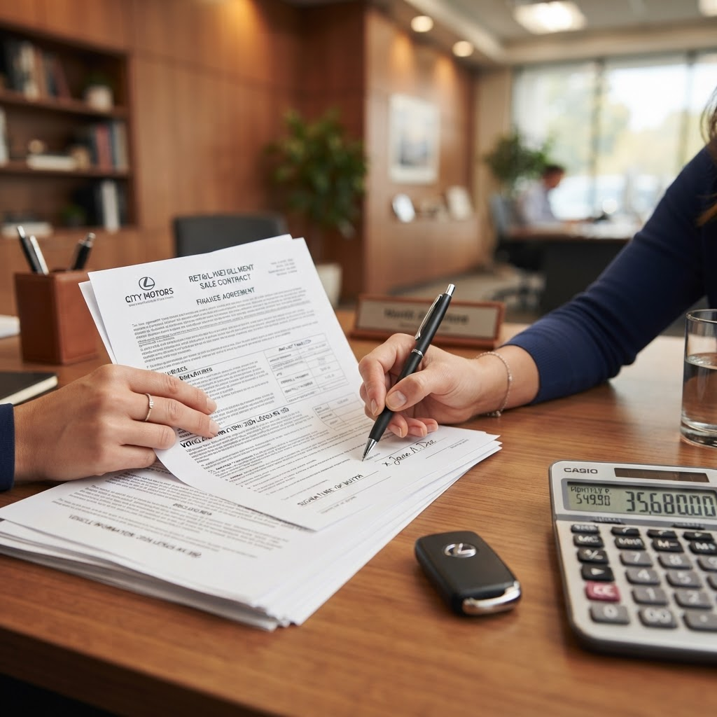 Cliente assinando contrato de financiamento de carro